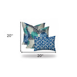 Set Of Three 20" X 20" Blue And White Zippered Floral Throw Indoor Outdoor Pillow Cover