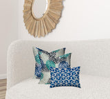 Set Of Three 20" X 20" Blue And White Zippered Floral Throw Indoor Outdoor Pillow Cover