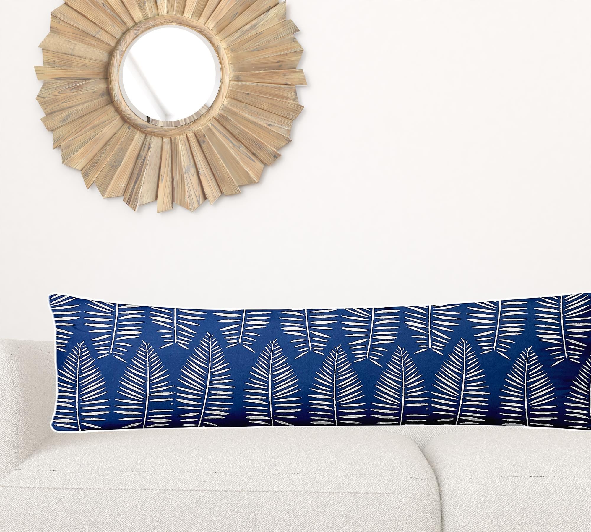 12" X 48" Blue And White Zippered Tropical Lumbar Indoor Outdoor Pillow Cover