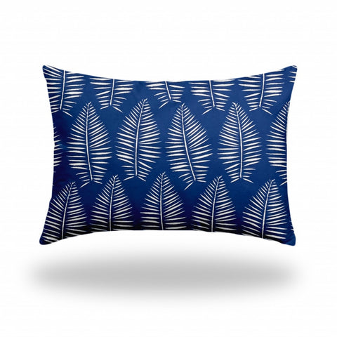 14" X 20" Blue And White Blown Seam Tropical Lumbar Indoor Outdoor Pillow