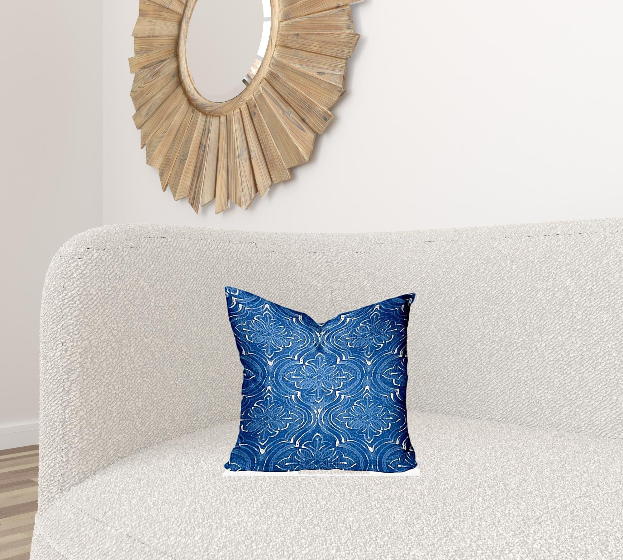 16" X 16" Blue And White Enveloped Ikat Throw Indoor Outdoor Pillow