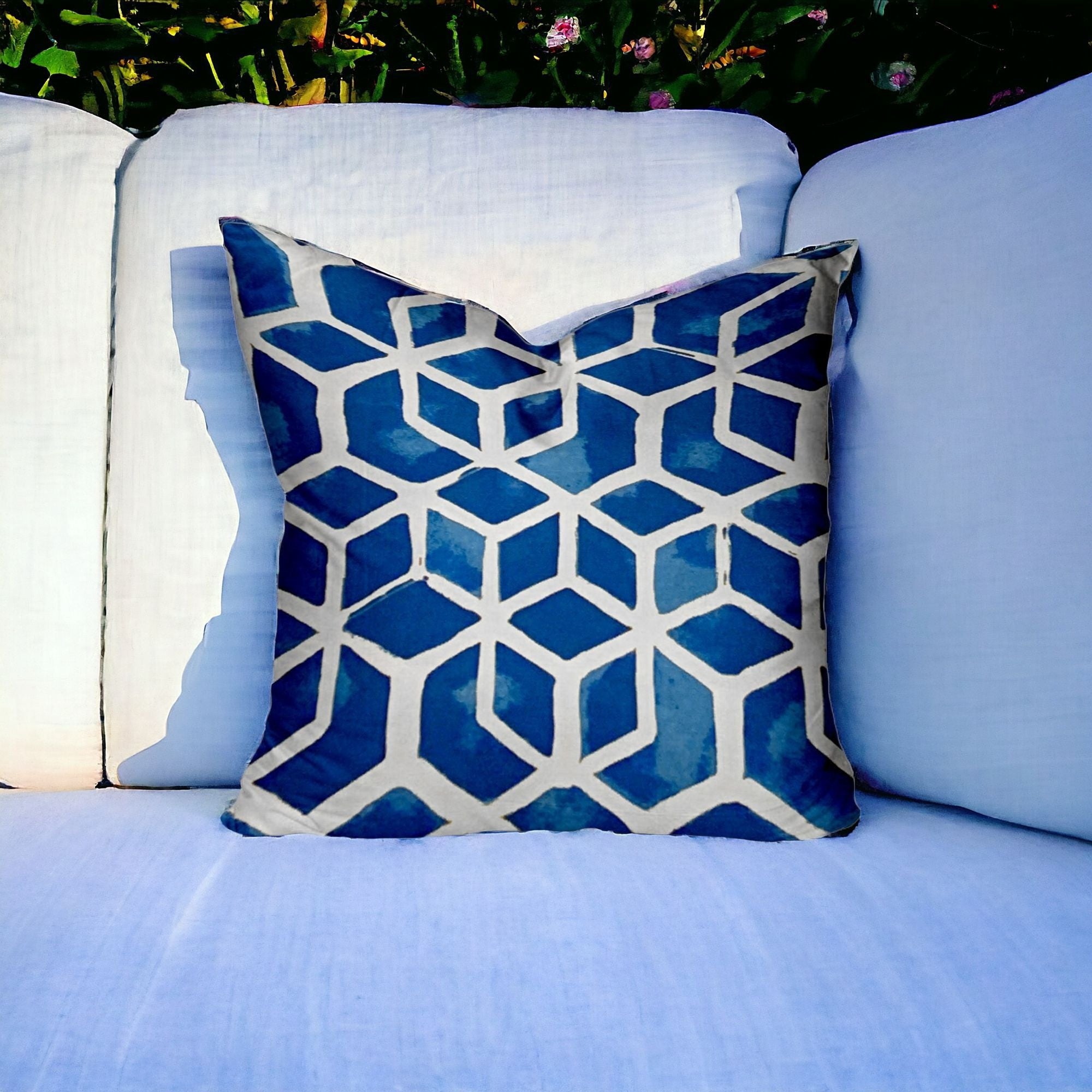 12" X 12" Blue and White Geometric Shapes Indoor Outdoor Throw Pillow Cover