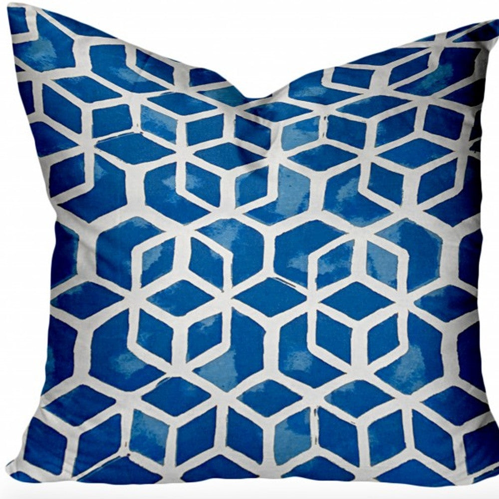 16" X 16" Blue and White Geometric Shapes Indoor Outdoor Throw Pillow Cover