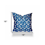 16" X 16" Blue And White Zippered Geometric Throw Indoor Outdoor Pillow