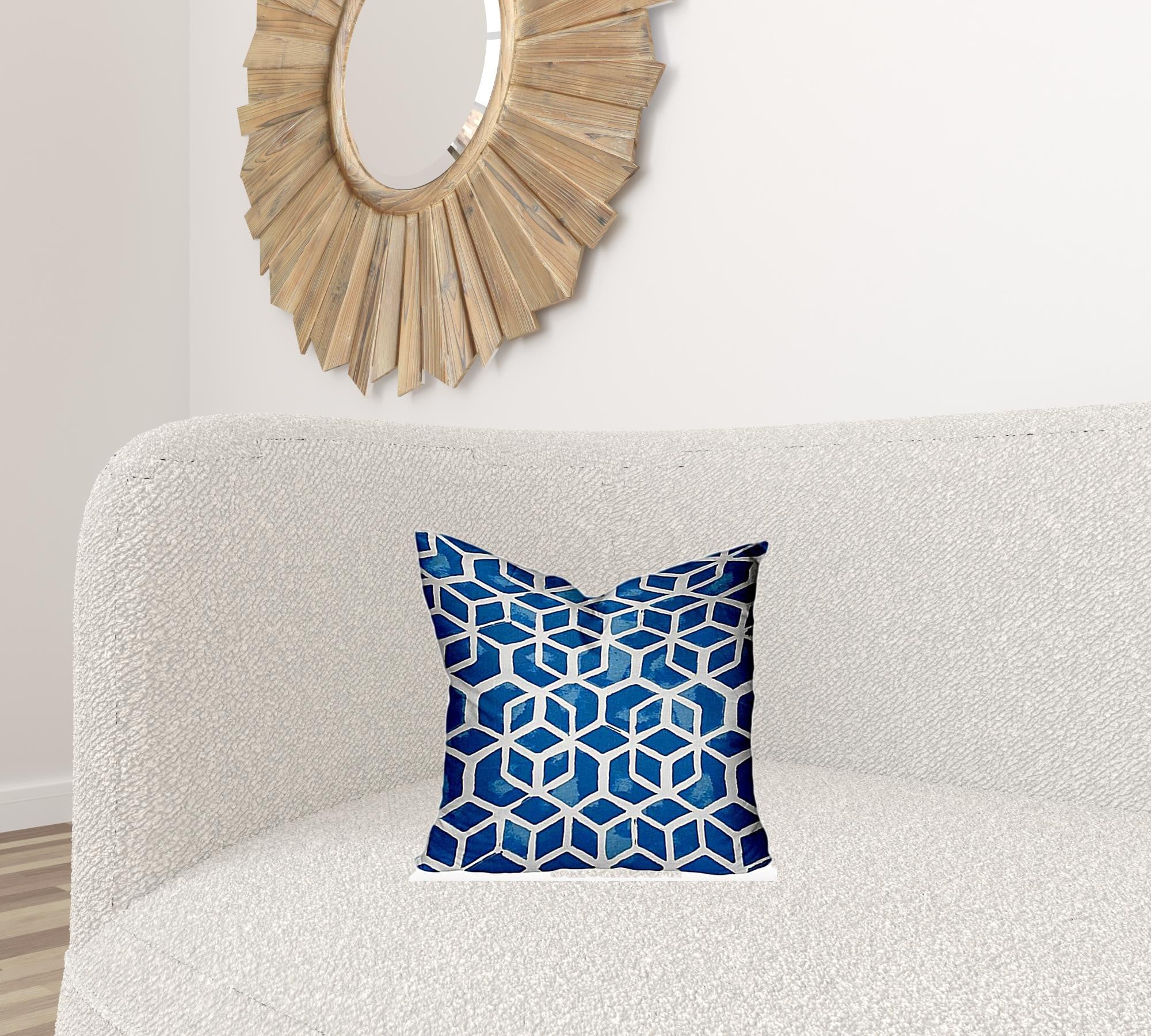 16" X 16" Blue And White Zippered Geometric Throw Indoor Outdoor Pillow