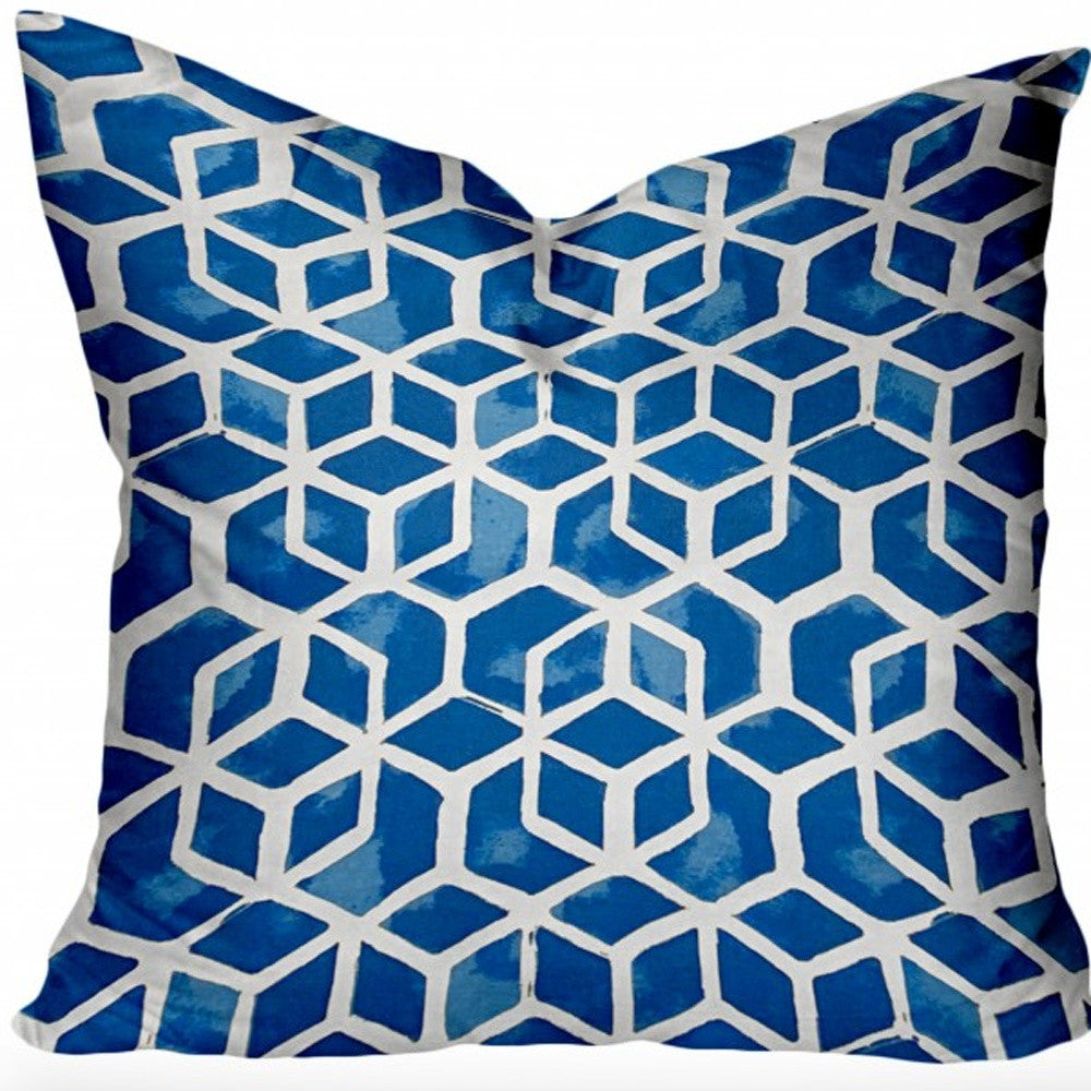 18" X 18" Blue and White Geometric Shapes Indoor Outdoor Throw Pillow Cover