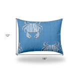 12" X 16" Blue And White Crab Enveloped Coastal Lumbar Indoor Outdoor Pillow