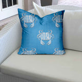 12" X 12" Blue And White Crab Blown Seam Coastal Throw Indoor Outdoor Pillow