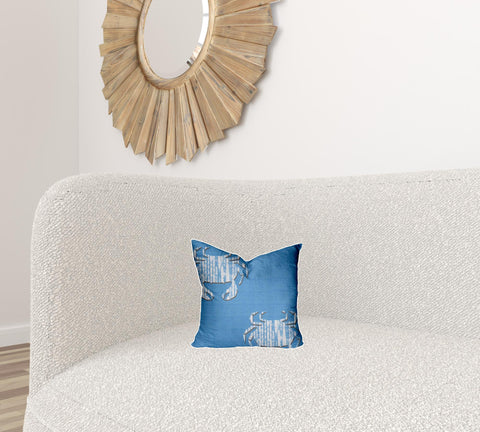 12" X 12" Blue And White Crab Blown Seam Coastal Throw Indoor Outdoor Pillow