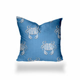 22" X 22" Blue And White Crab Blown Seam Coastal Throw Indoor Outdoor Pillow