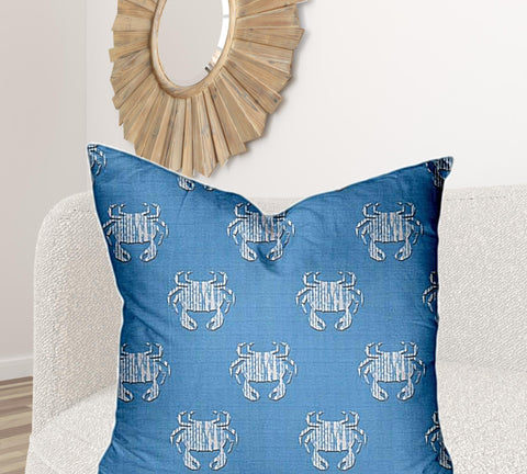 36" X 36" Blue And White Crab Blown Seam Coastal Throw Indoor Outdoor Pillow
