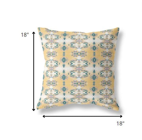 18” Tan Blue Patterned Indoor Outdoor Zippered Throw Pillow