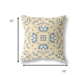 16" Beige Blue Floral Indoor Outdoor Zip Throw Pillow