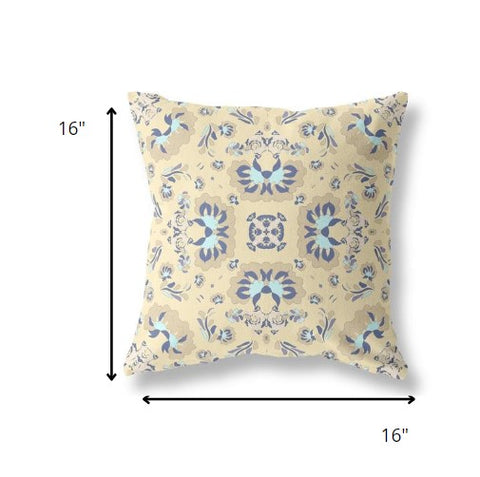 16" Beige Blue Floral Indoor Outdoor Zip Throw Pillow