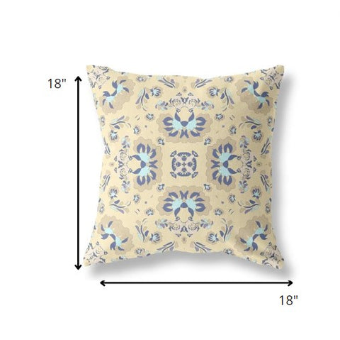 18" Beige Blue Floral Indoor Outdoor Zip Throw Pillow