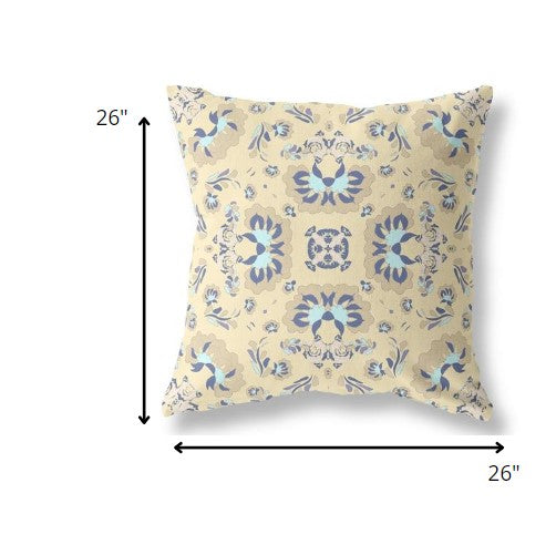 18" Beige Blue Floral Indoor Outdoor Zip Throw Pillow