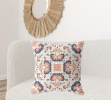 18"x18" Off White Navy and Orange Zip Broadcloth Floral Throw Pillow