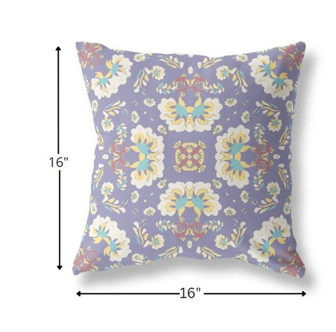 16" Purple White Floral Indoor Outdoor Zip Throw Pillow