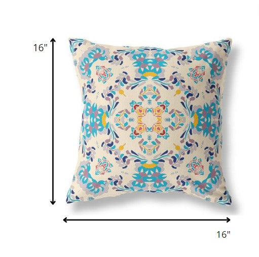 16" Blue White Filigree Indoor Outdoor Zip Throw Pillow