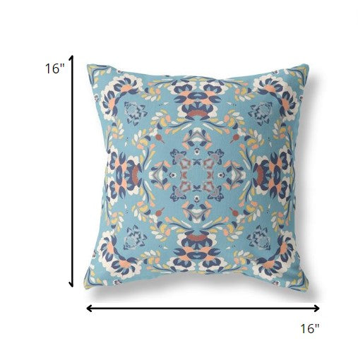 16" Blue Peach Filigree Indoor Outdoor Zip Throw Pillow