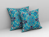 16" Cyan Blue Filigree Indoor Outdoor Zip Throw Pillow