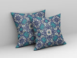 16"x16" Blue Gray And White Zip Indoor Outdoor Floral Throw Pillow