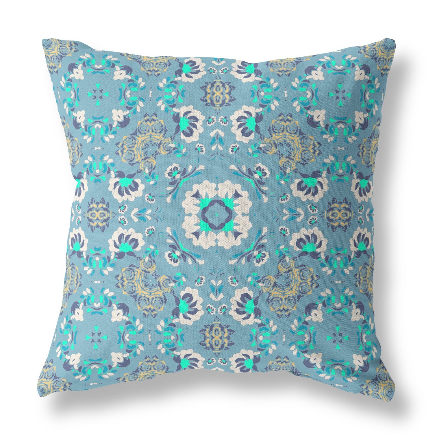 16" X 16" Light Blue And White Zippered Floral Indoor Outdoor Throw Pillow