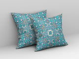 16" X 16" Light Blue And White Zippered Floral Indoor Outdoor Throw Pillow