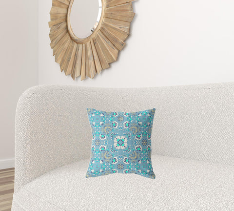 16" X 16" Light Blue And White Zippered Floral Indoor Outdoor Throw Pillow