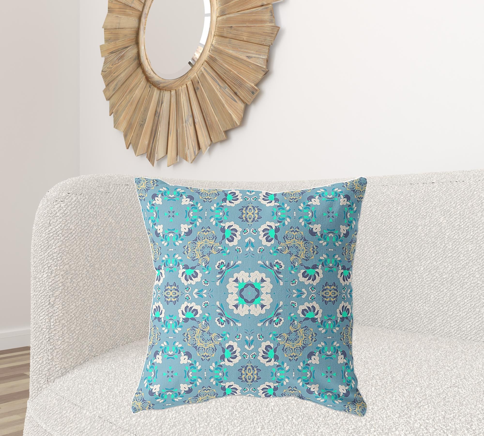 18"x18" Aqua Blue and Gray Zip Broadcloth Floral Throw Pillow