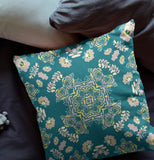 16” Teal Yellow Wreath Indoor Outdoor Zippered Throw Pillow