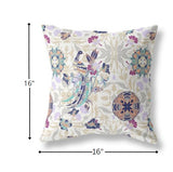 16" White Purple Peacock Indoor Outdoor Zip Throw Pillow