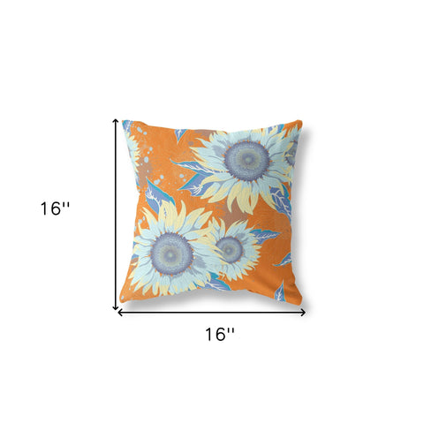 16" Orange Blue Sunflower Indoor Outdoor Zippered Throw Pillow