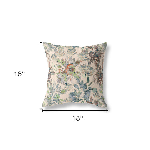 18” Green Brown Florals Indoor Outdoor Zippered Throw Pillow