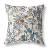 16” Blue White Florals Indoor Outdoor Zippered Throw Pillow