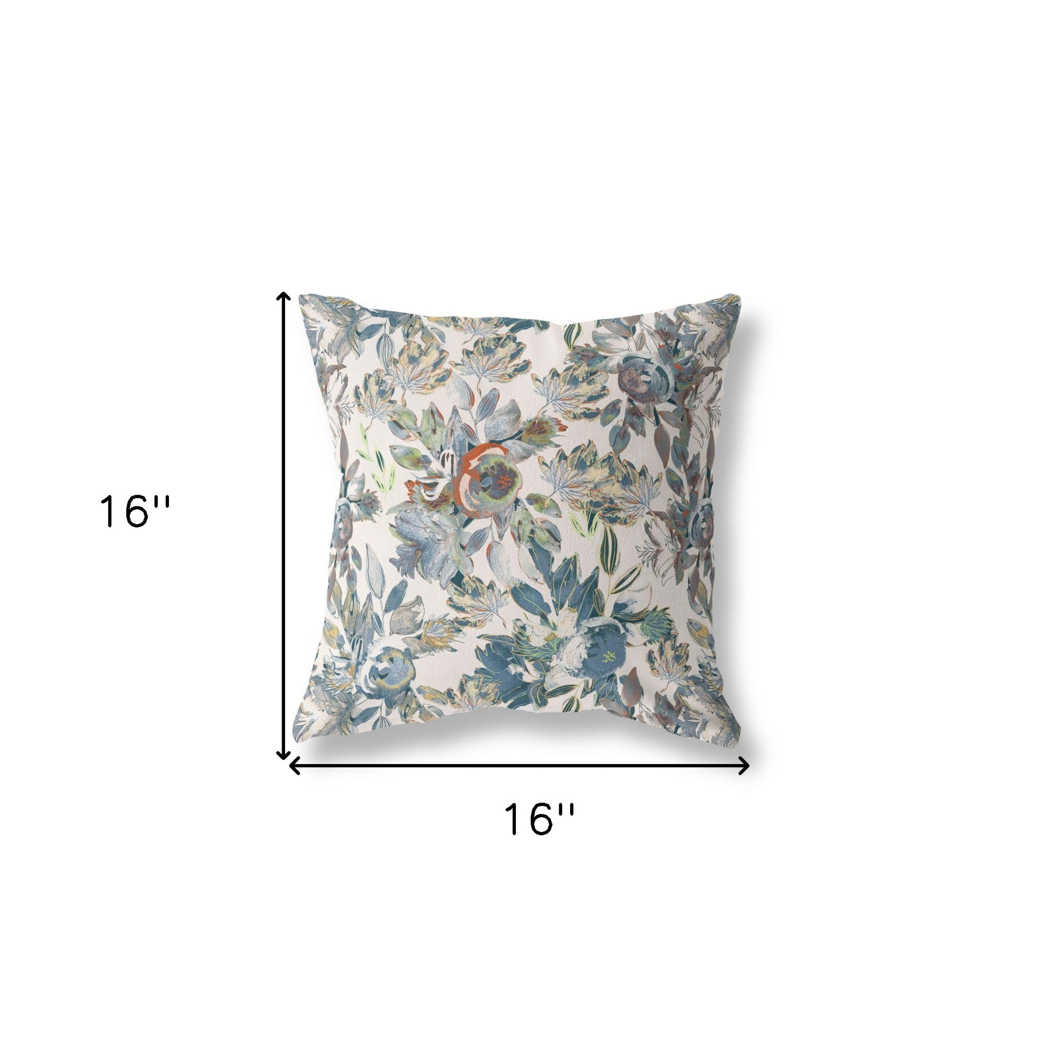 16” Blue White Florals Indoor Outdoor Zippered Throw Pillow