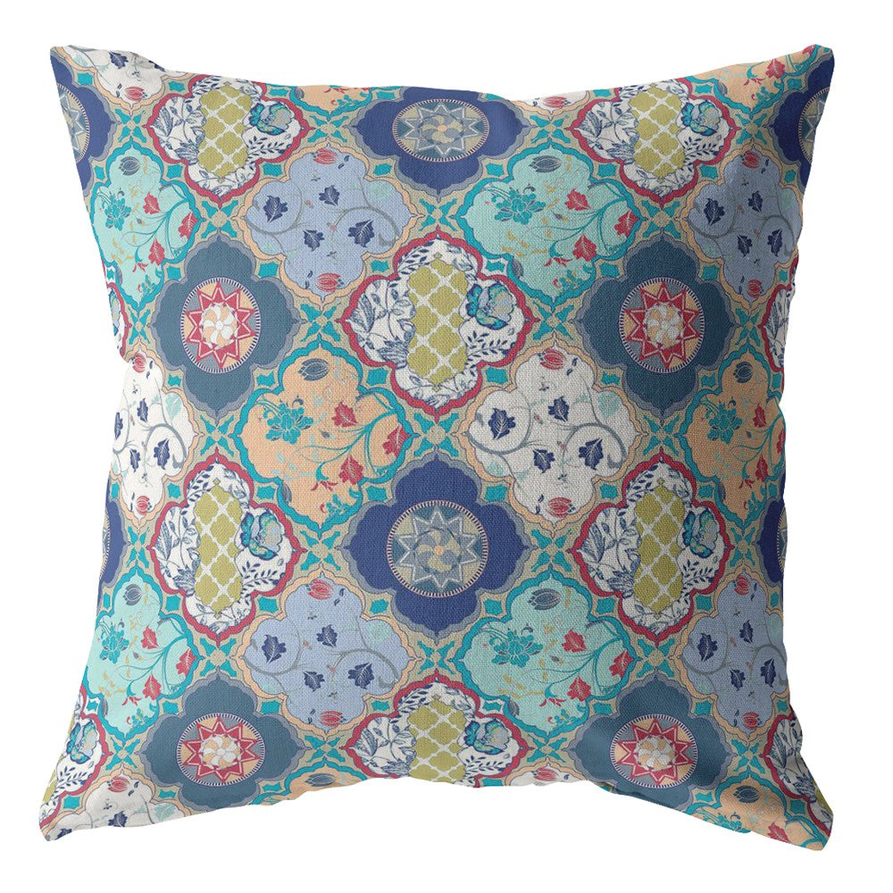 18” Blue Peach Trellis Indoor Outdoor Throw Pillow