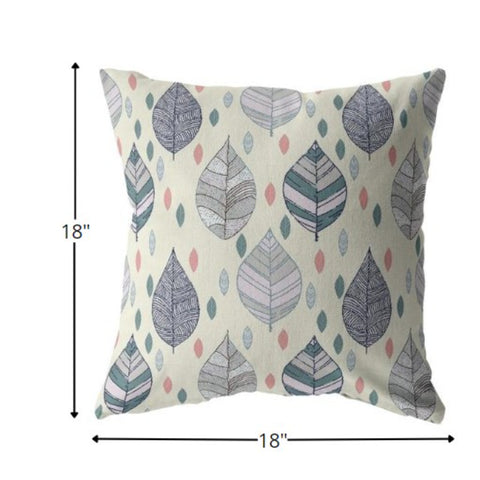 18” Cream Gray Leaves Indoor Outdoor Throw Pillow