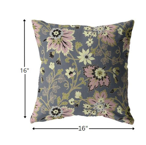 16” Gray Pink Jacobean Indoor Outdoor Throw Pillow