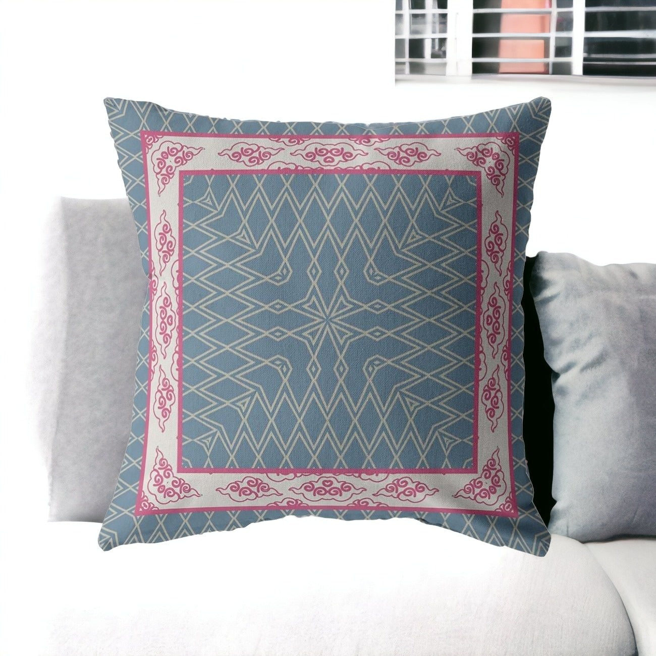 16" Pink Blue Nest Ornate Frame Indoor Outdoor Throw Pillow