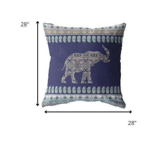 18” Navy Ornate Elephant Indoor Outdoor Throw Pillow