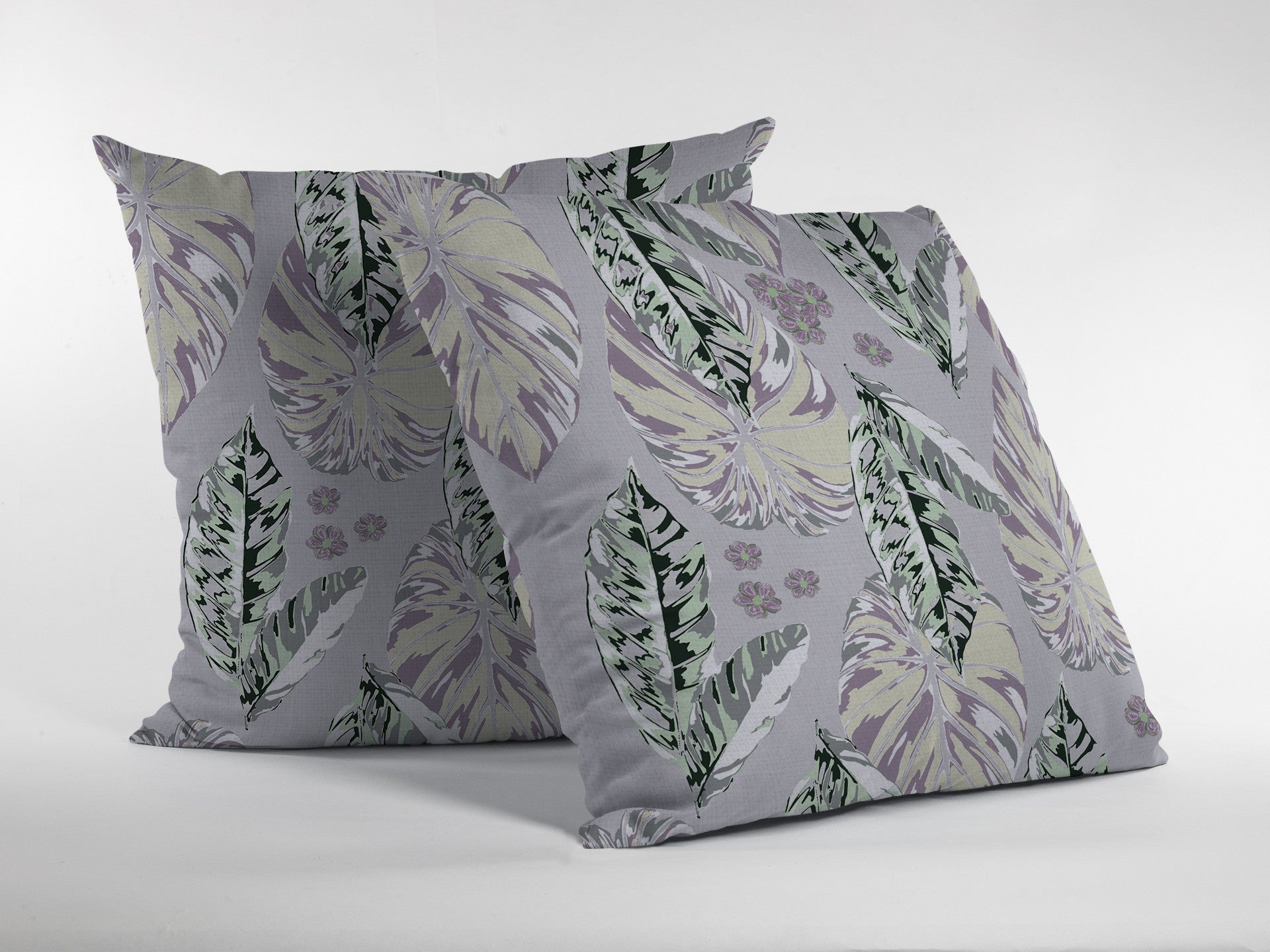 16” Gray Purple Tropical Leaf Indoor Outdoor Throw Pillow