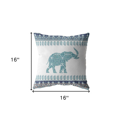 16” Teal Ornate Elephant Indoor Outdoor Zippered Throw Pillow