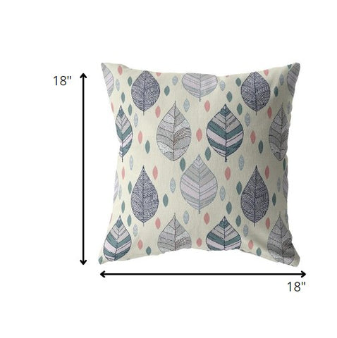 18” Cream Gray Leaves Indoor Outdoor Zippered Throw Pillow