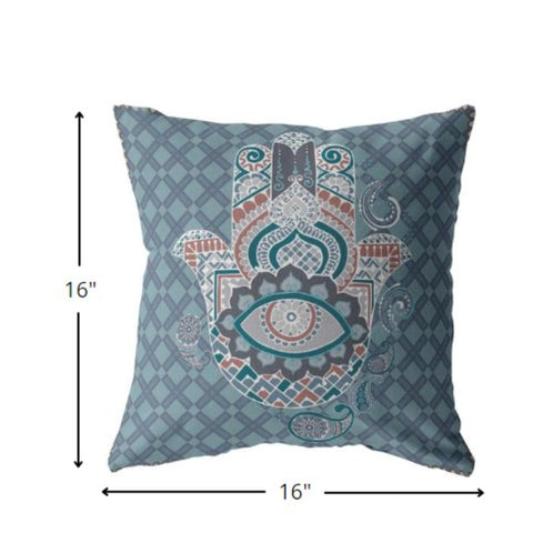 16” Slate Blue Hamsa Indoor Outdoor Zippered Throw Pillow