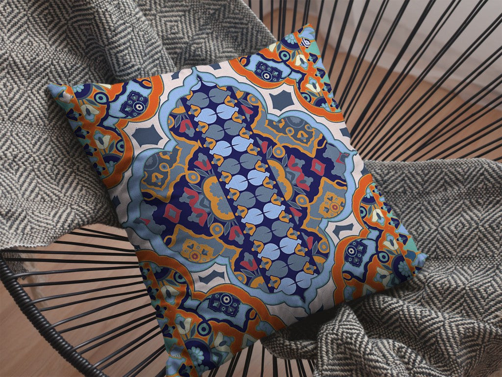 18" Orange Blue Boho Indoor Outdoor Zippered Throw Pillow