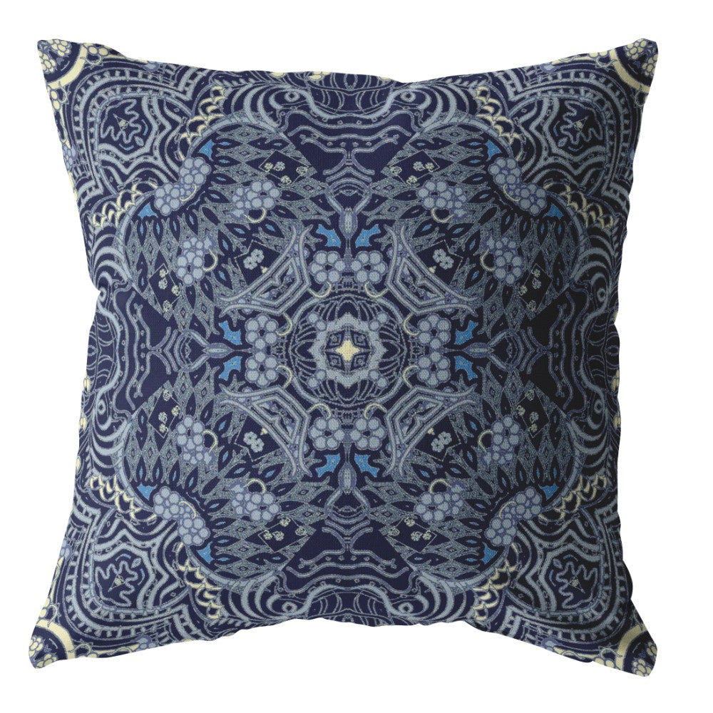 20” Indigo Boho Ornate Indoor Outdoor Zippered Throw Pillow