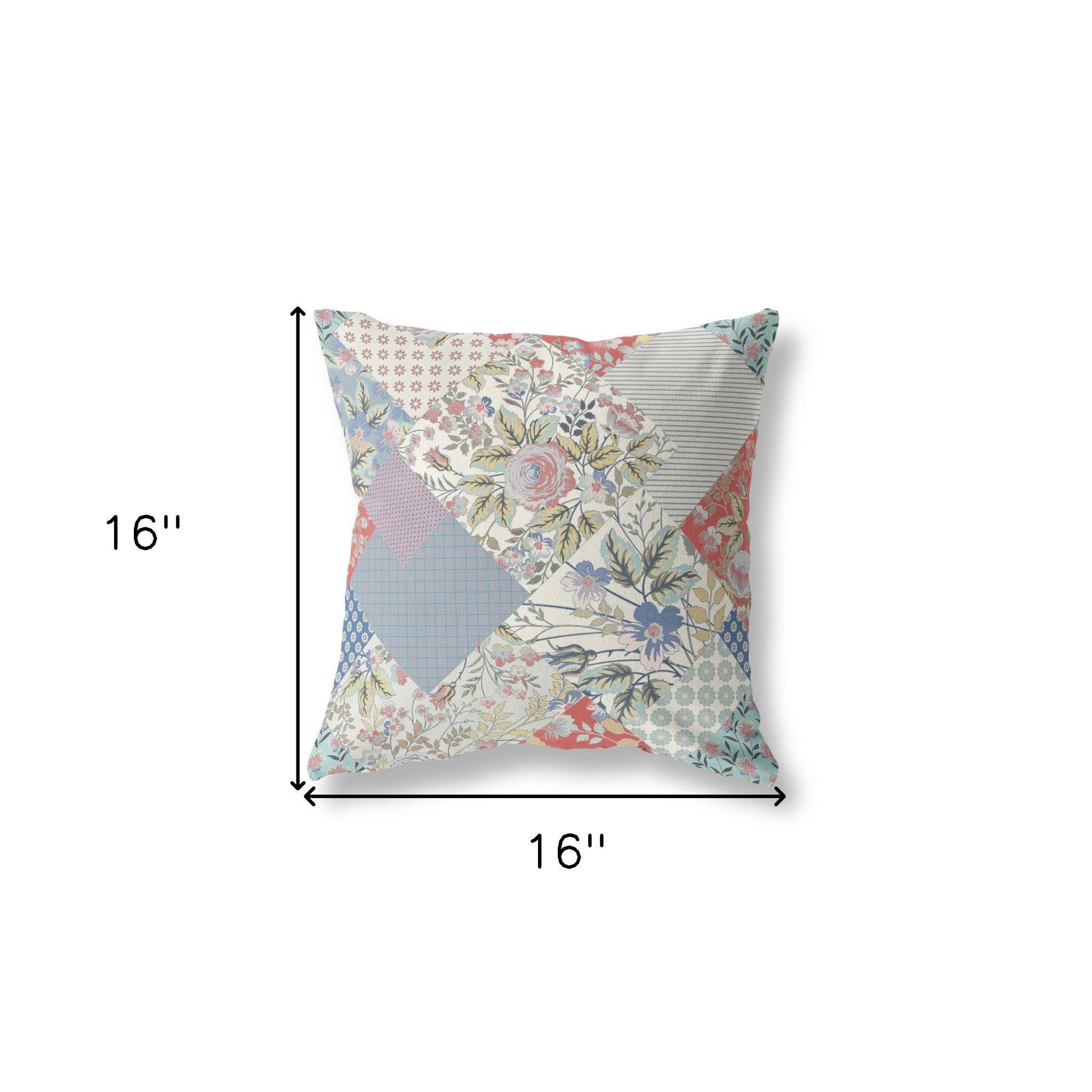 16" Red White Boho Floral Indoor Outdoor Throw Pillow