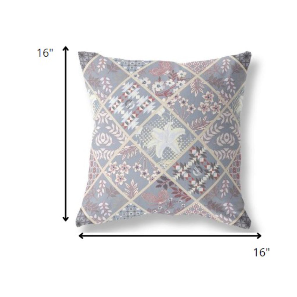 16” Gray Pink Patch Indoor Outdoor Throw Pillow