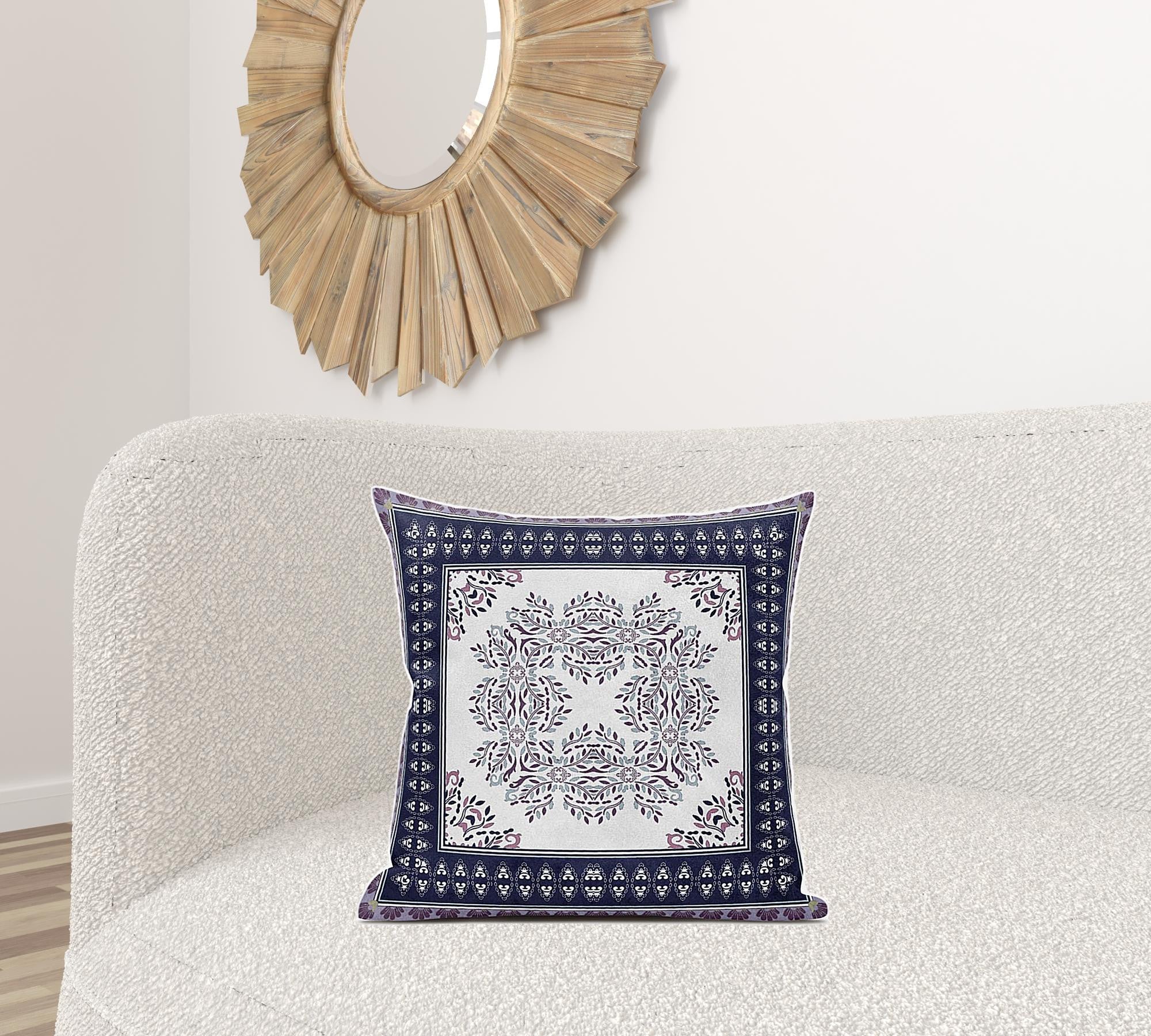 20" X 20" Cream And Blue Blown Seam Geometric Indoor Outdoor Throw Pillow